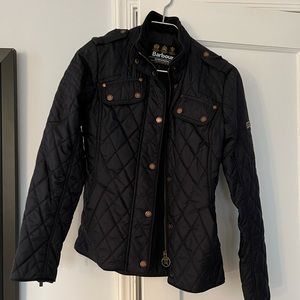 Barbour quilted coat, moto style, navy blue